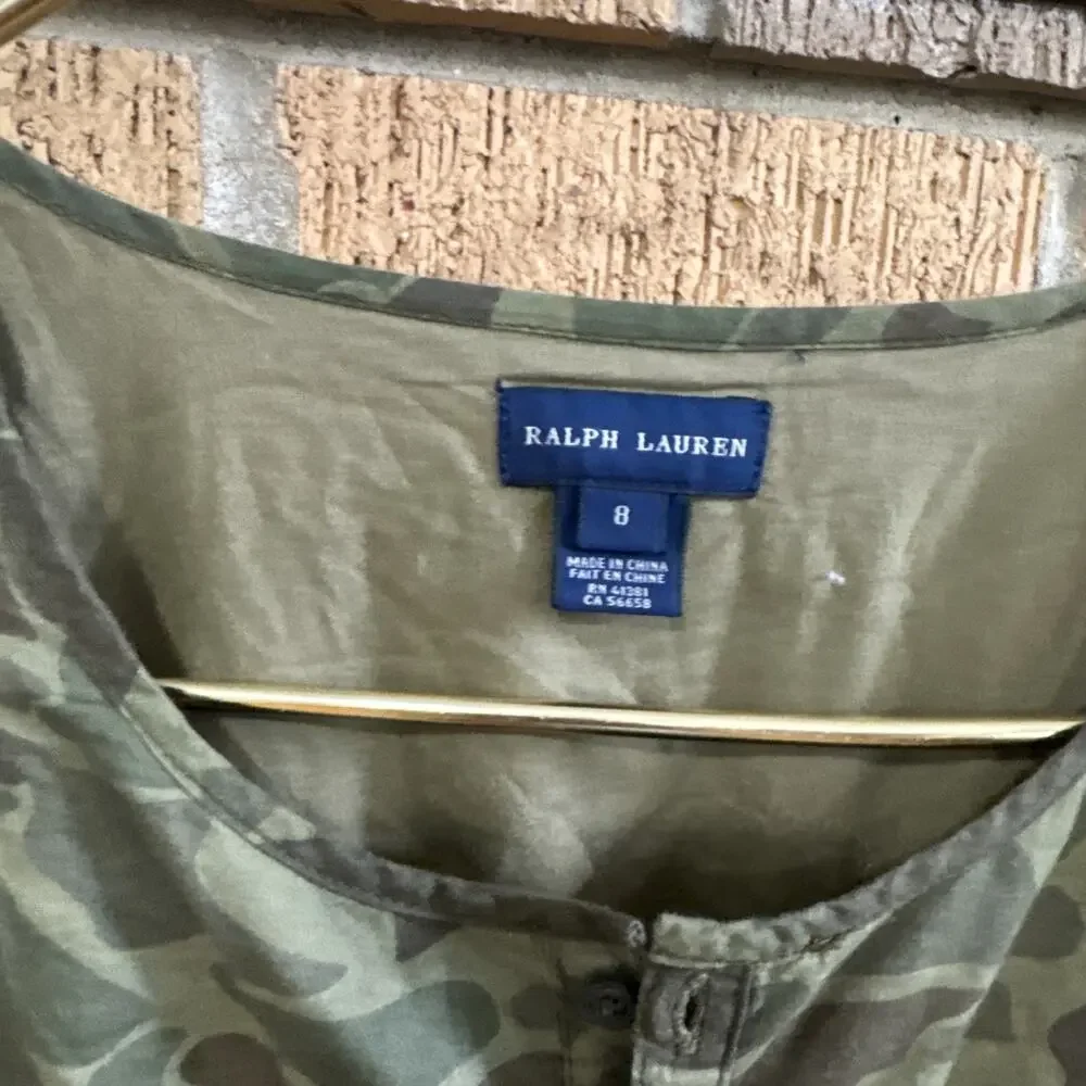 VTG Ralph Lauren Camo Tired Dress Girls Sz 8 Green Cotton Cottagecore